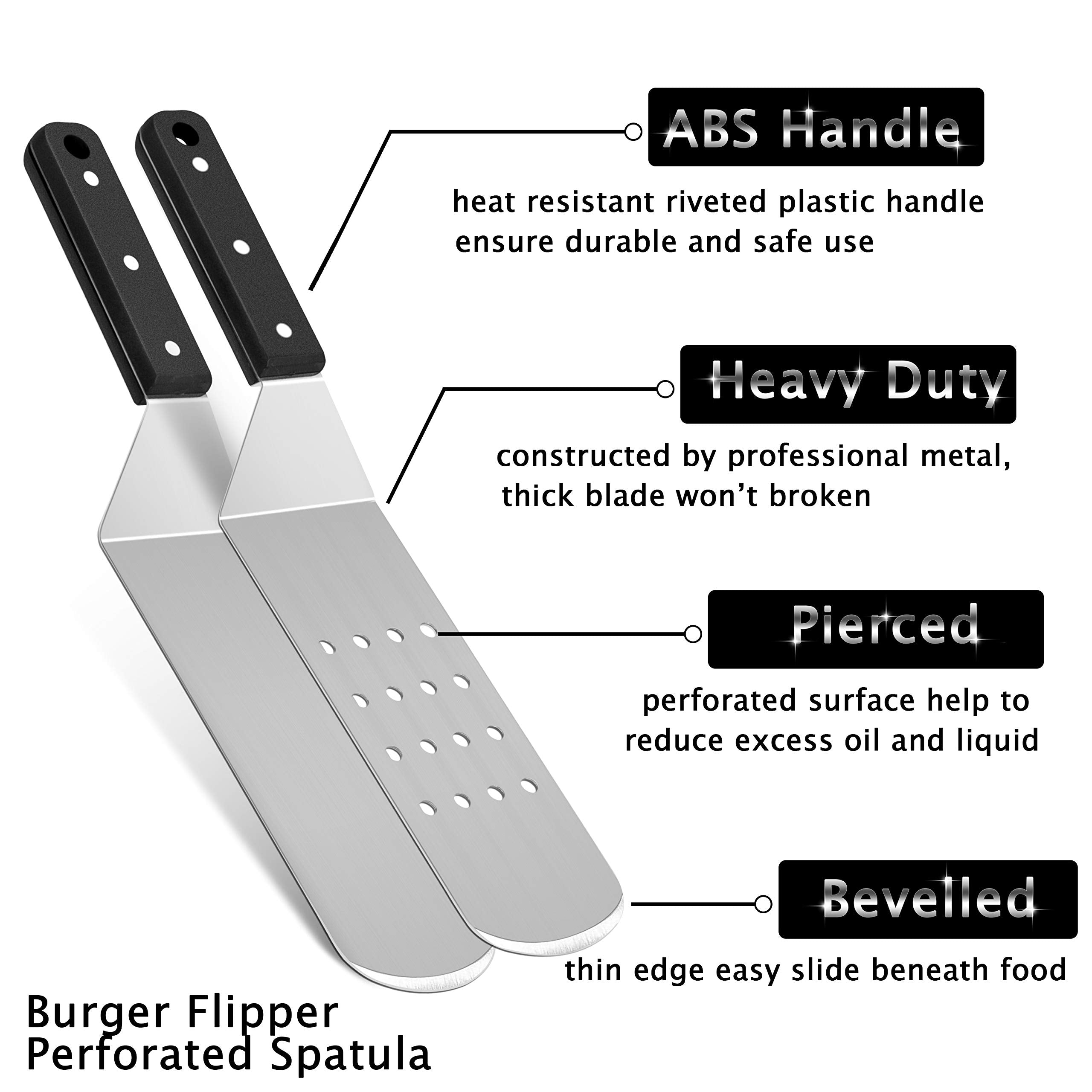 Hasteel Metal Griddle Spatula, Stainless Steel Long Spatula With Riveted Handle, Heavy Duty Perforated & Solid Spatula Burger Tu